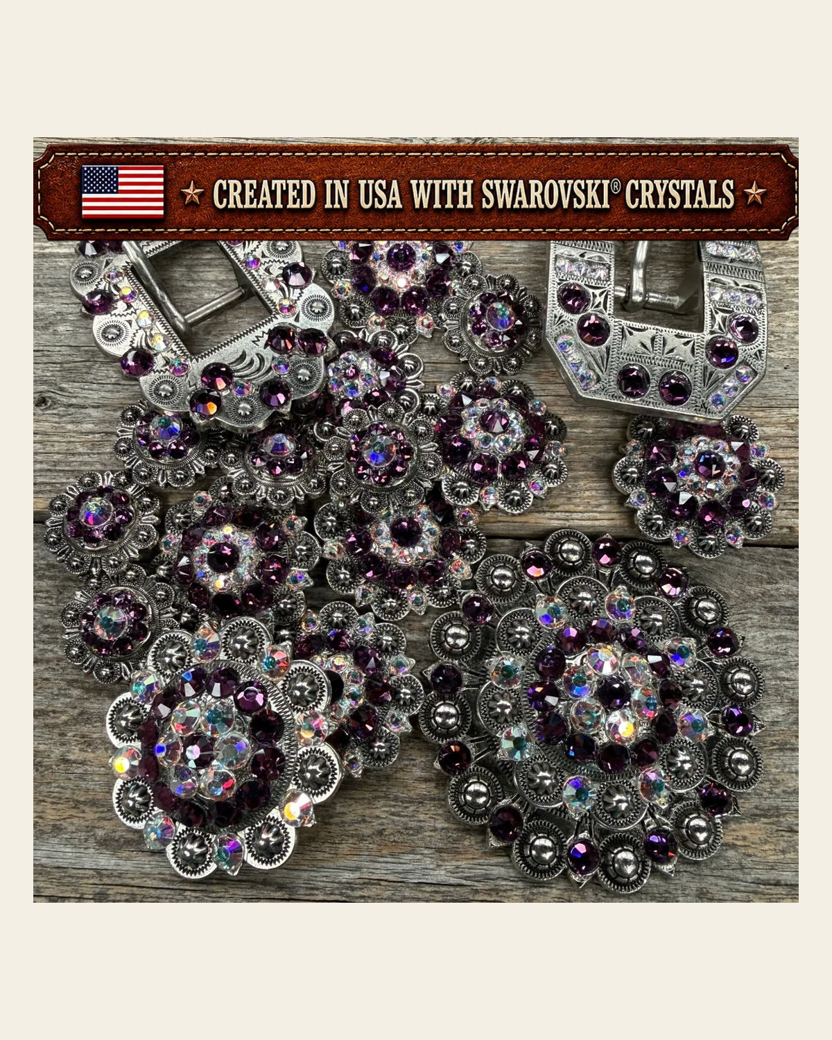 Antique Silver Amethyst - AB Crystal Conchos | Sizes 1"- 3" | Buckles | Saddle Set | Leather Rosettes | Slide on a warm cream background