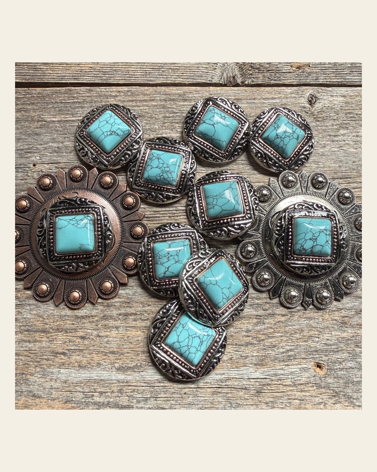 Antique Silver and Copper Dot Turquoise Concho W258 on a warm cream background