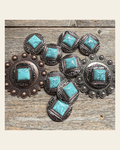 Antique Silver and Copper Dot Turquoise Concho W258 on a warm cream background