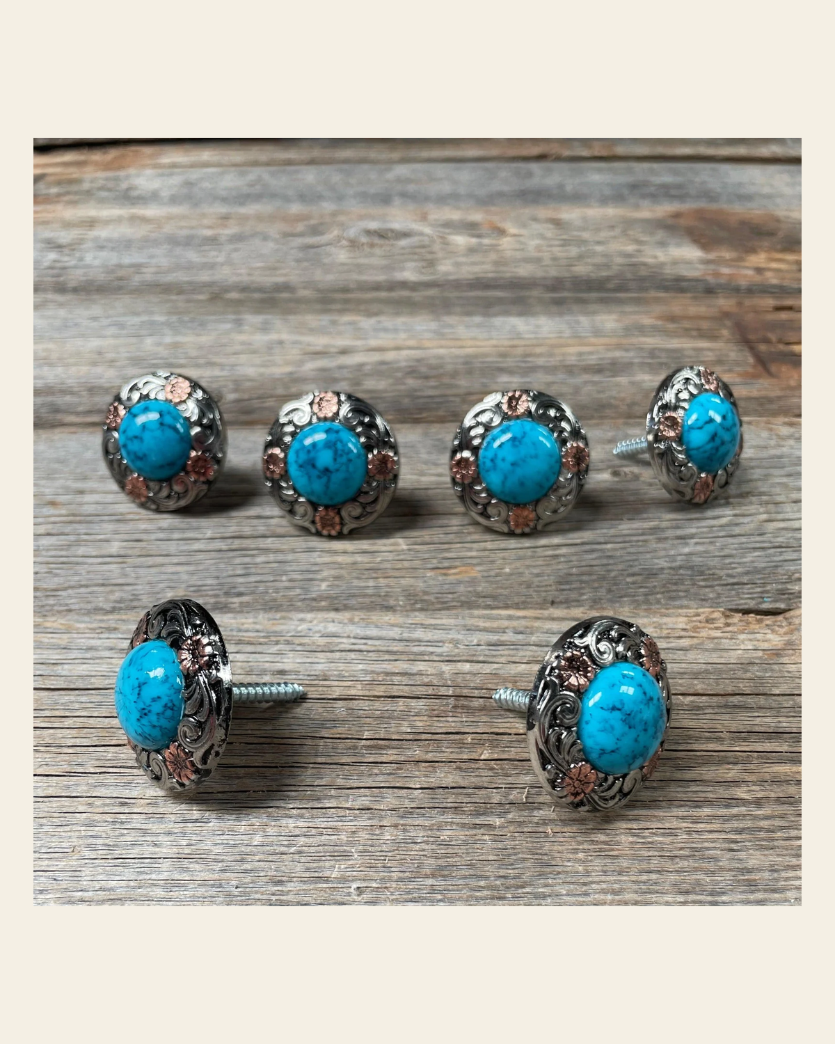 Antique Silver and Copper Turquoise Saddle Set SSW222L on a warm cream background