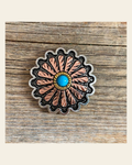 Antique Silver and Copper Floral Western Concho 1.25" W220L on a warm cream background