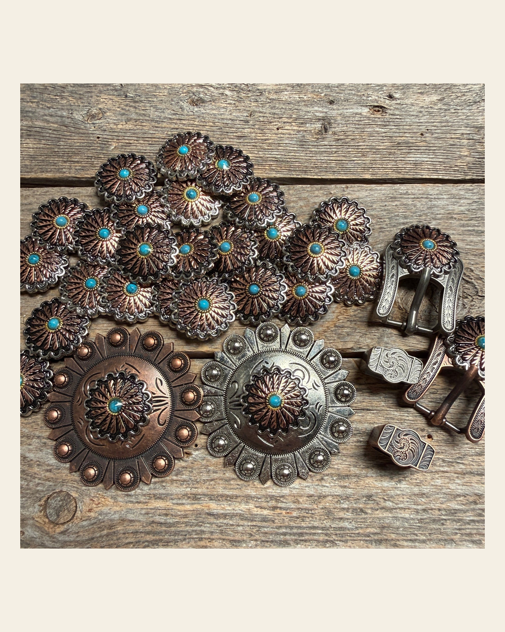 Antique Silver and Copper Floral Western Concho W220 on a warm cream background