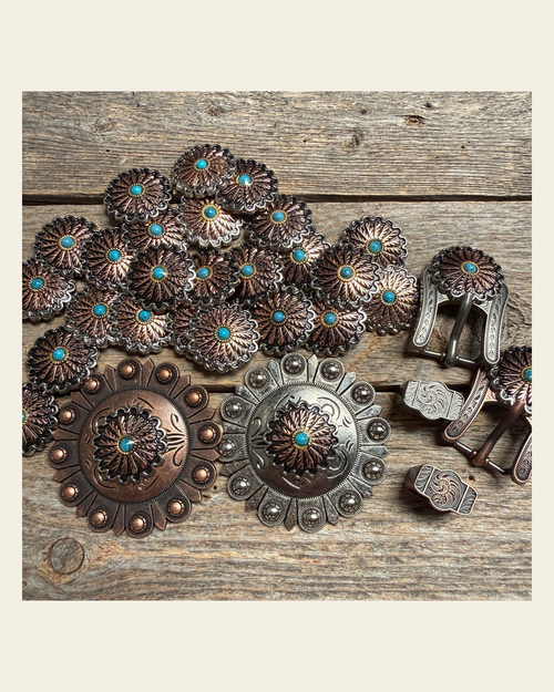 Antique Silver and Copper Floral Western Concho W220 on a warm cream background