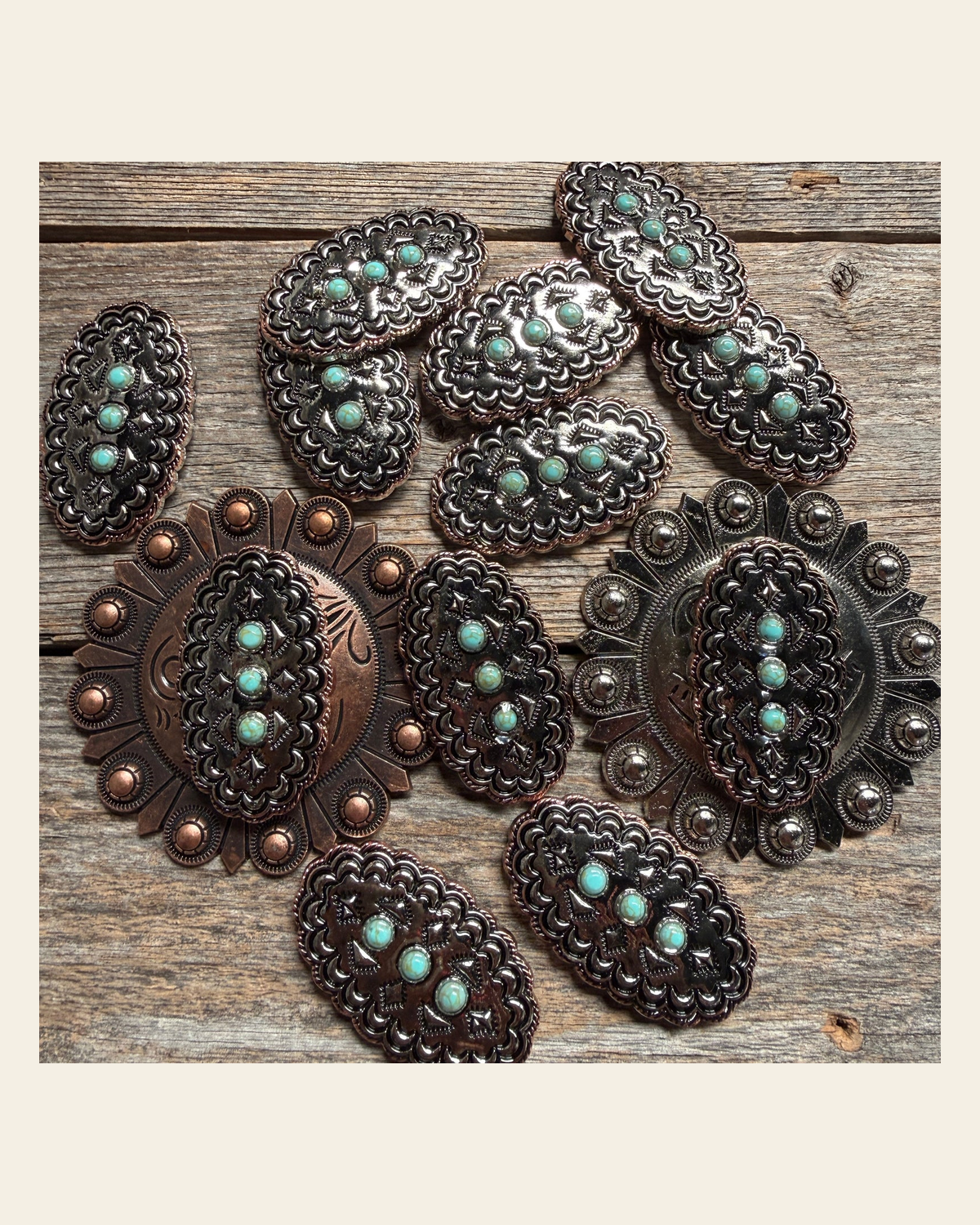Antique Silver and Copper Oval Scallop Concho W261 on a warm cream background