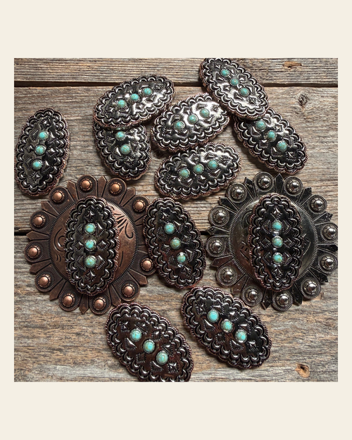 Antique Silver and Copper Oval Scallop Concho W261 on a warm cream background