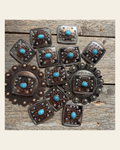 Antique Silver and Copper Southwest Turquoise Concho W262 on a warm cream background