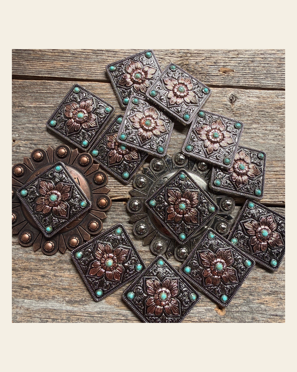 Antique Silver and Copper Square Floral Concho #W265 on a warm cream background