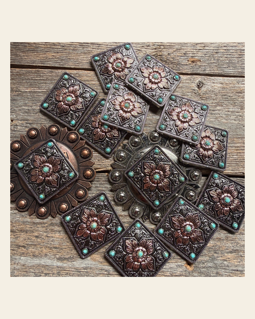 Antique Silver and Copper Square Floral Concho #W265 on a warm cream background