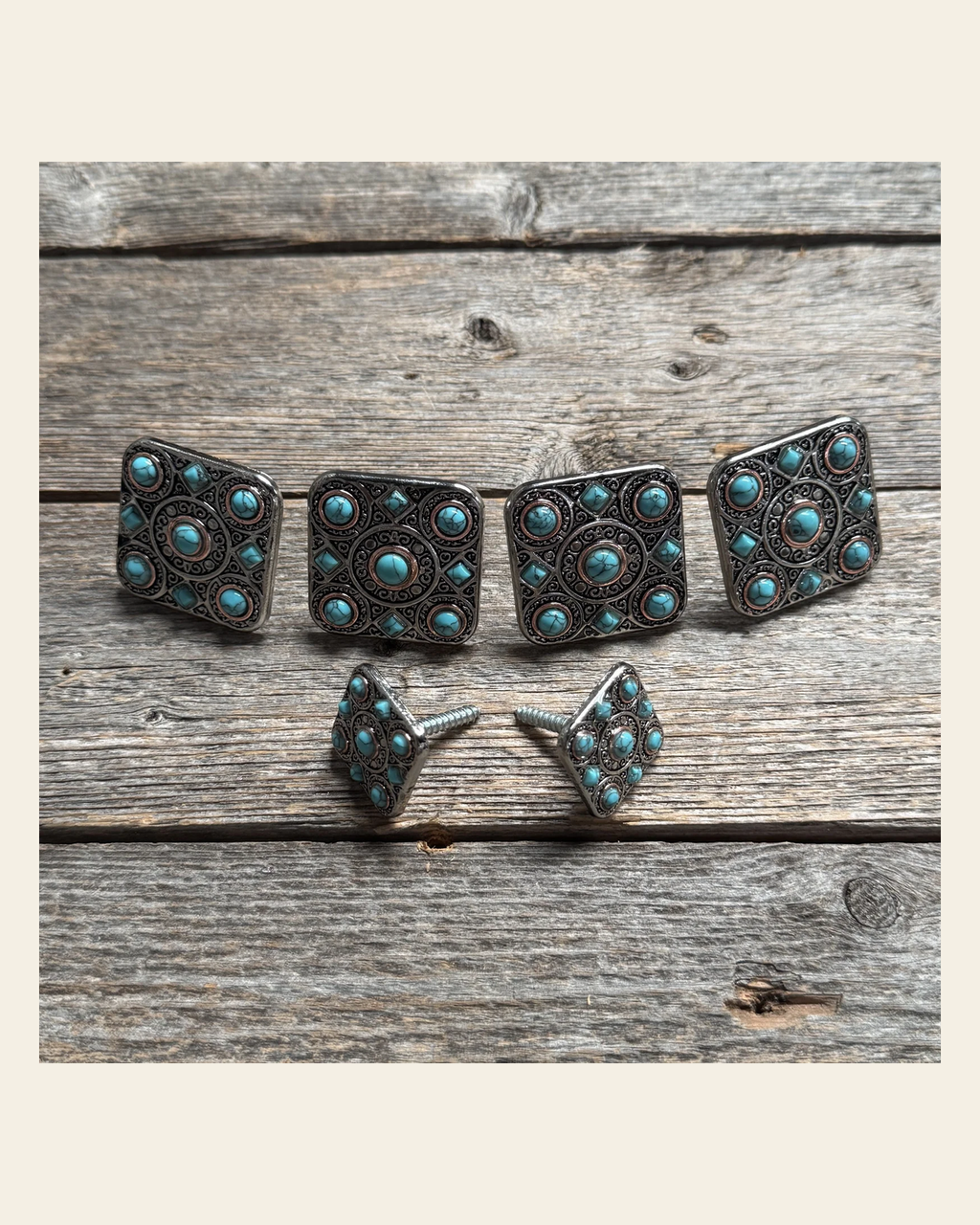 Antique Silver and Copper Square Turquoise Saddle Set SSW243 on a warm cream background