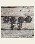 Antique Silver and Copper Turquoise Floral Saddle Set SSW245 on a warm cream background