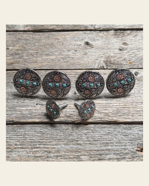 Antique Silver and Copper Turquoise Floral Saddle Set SSW245 on a warm cream background