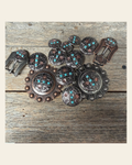 Antique Silver and Copper Turquoise Floral Western Conchos W245 on a warm cream background
