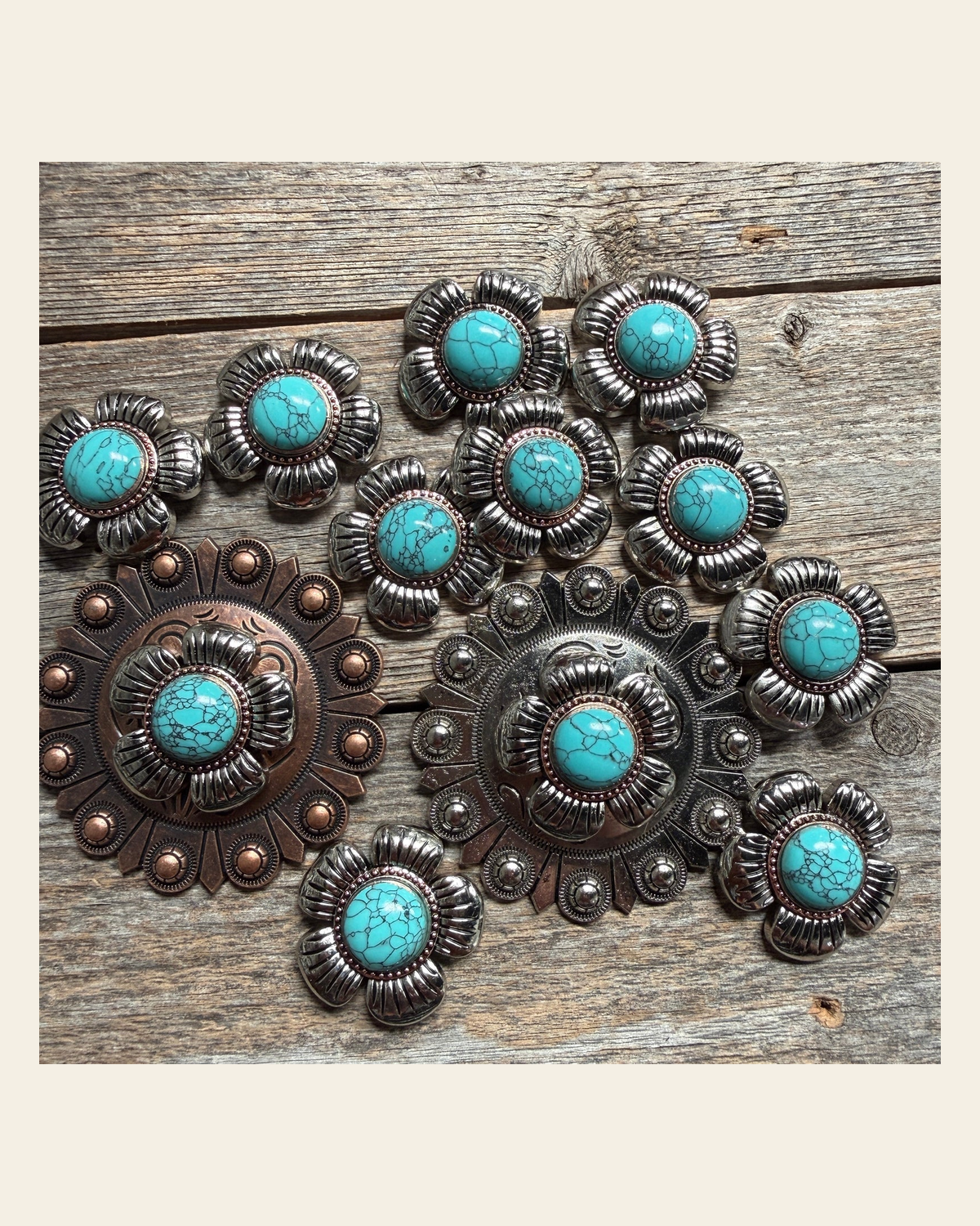 Antique Silver and Copper Turquoise Flower Concho W267 on a warm cream background