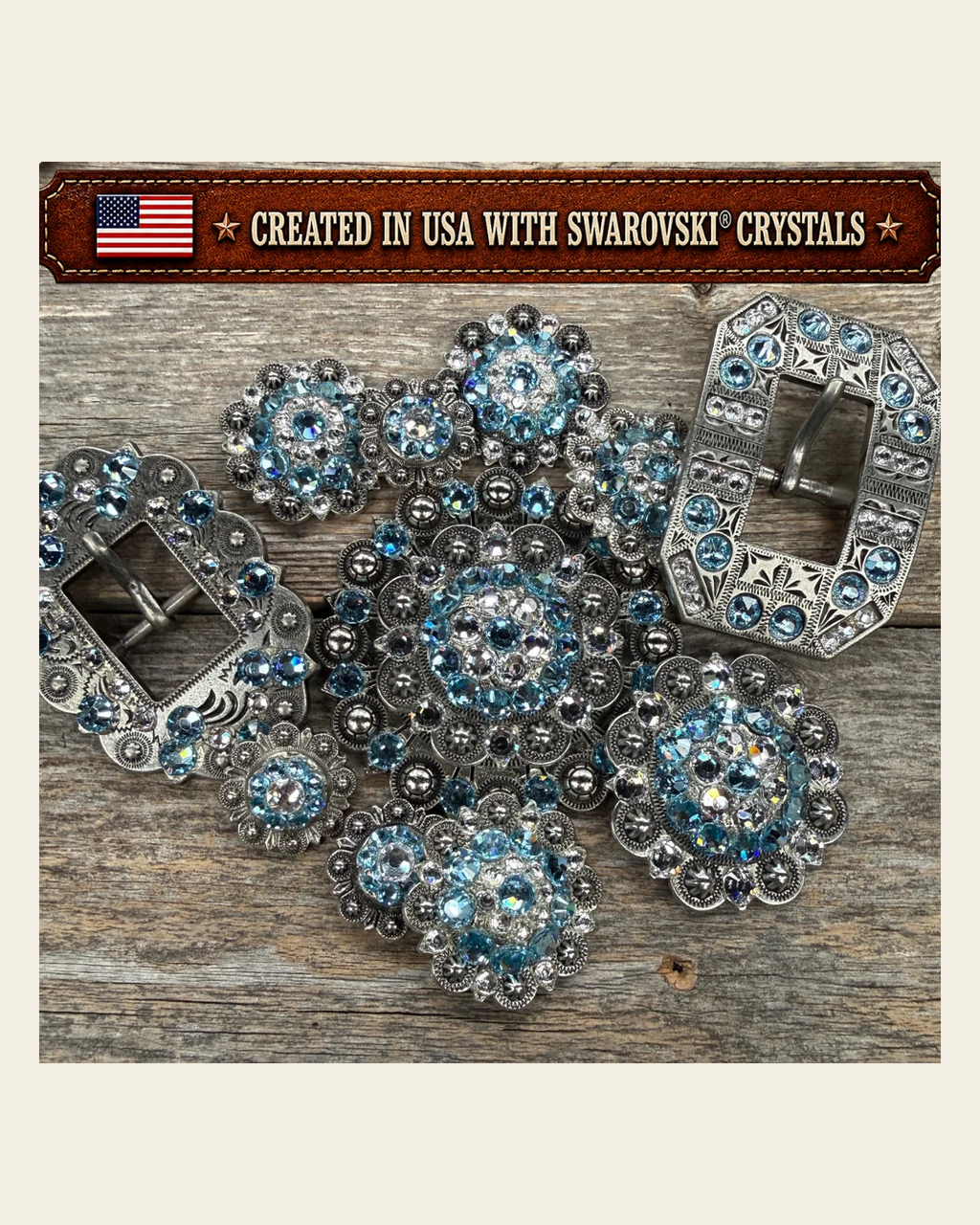 Antique Silver Aqua - Clear Crystal Conchos | Sizes 1"- 3" | Buckles | Saddle Set | Leather Rosettes | Slide on a warm cream background