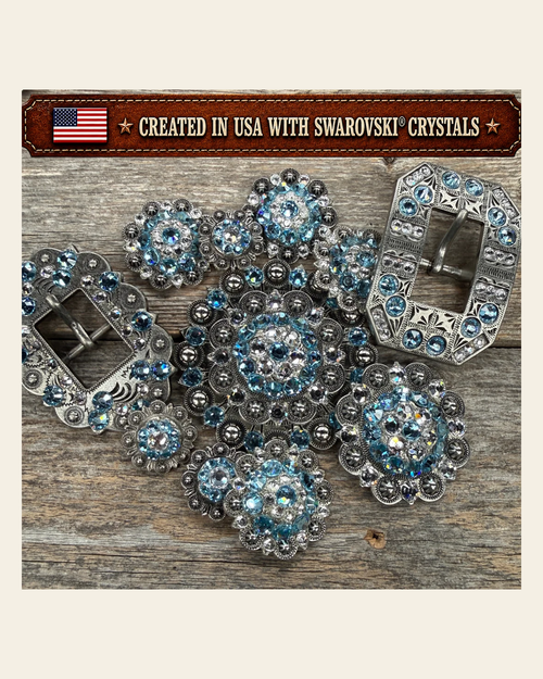 Antique Silver Aqua - Clear Crystal Conchos | Sizes 1"- 3" | Buckles | Saddle Set | Leather Rosettes | Slide on a warm cream background
