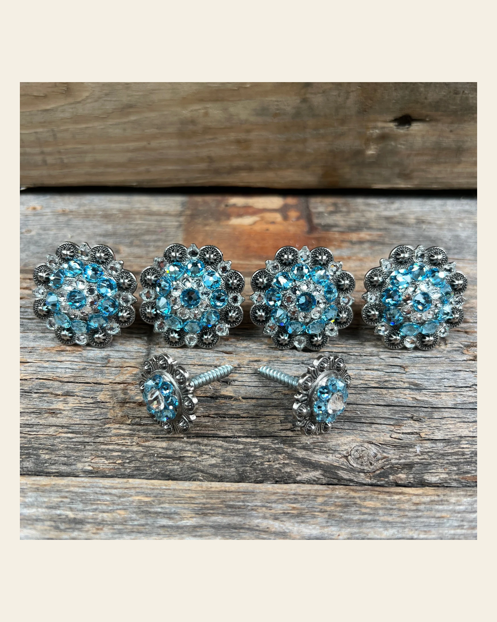 Antique Silver Aqua & Clear Saddle Conchos on a warm cream background