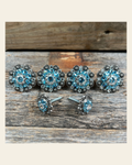 Antique Silver Aqua & Clear Saddle Conchos on a warm cream background