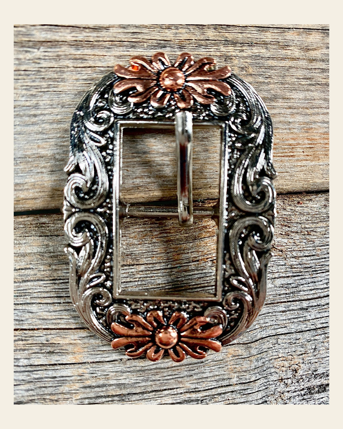 Antique Silver Big Flowers Cart Buckle W199B on a warm cream background