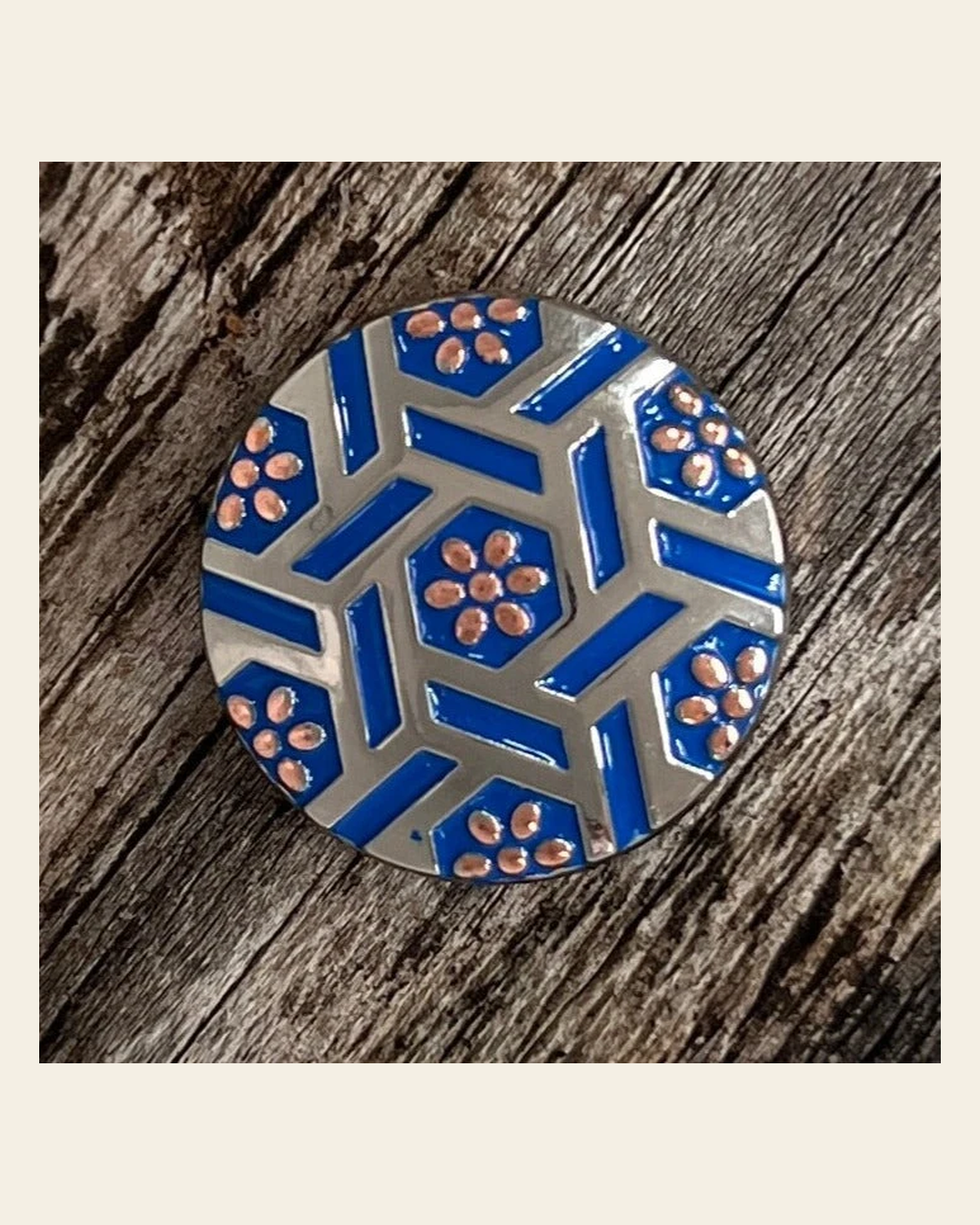 Antique Silver Blue Geometric Concho 1.5" W236L on a warm cream background