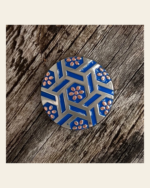 Antique Silver Blue Geometric Concho 1" W236S on a warm cream background