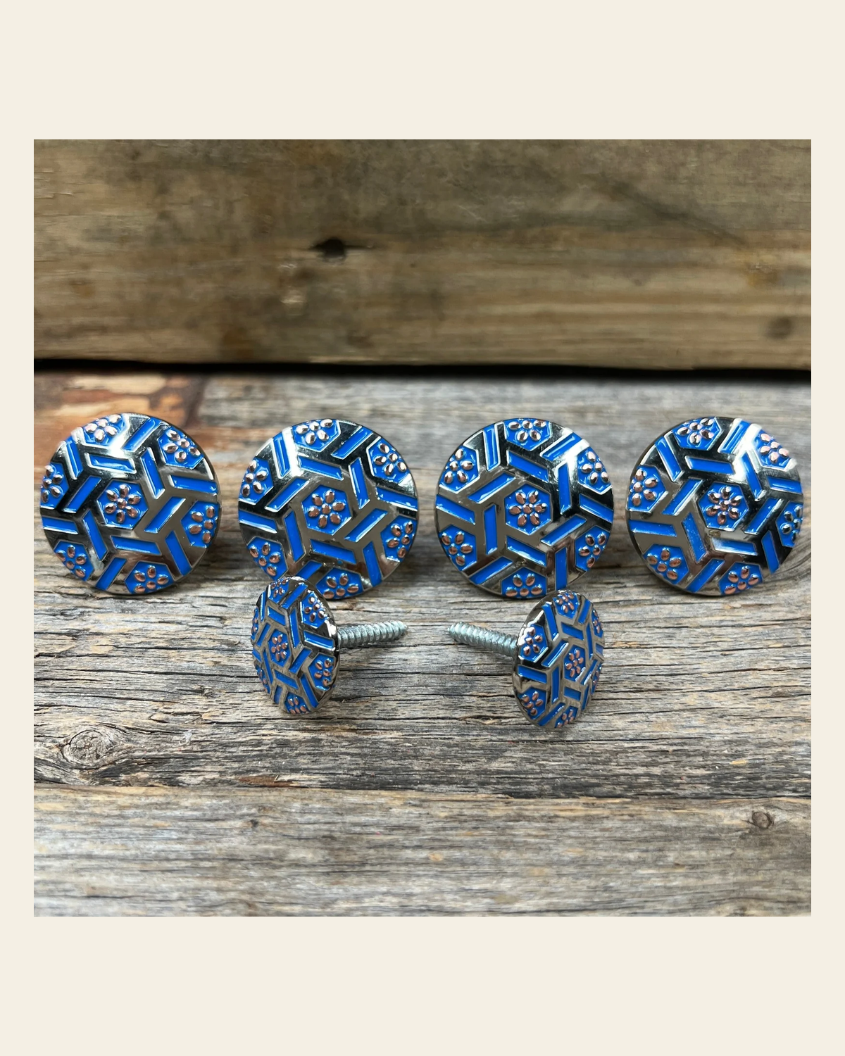 Antique Silver Blue Geometric Saddle Set SSW236 on a warm cream background