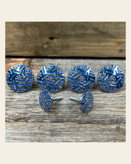 Antique Silver Blue Geometric Saddle Set SSW236 on a warm cream background