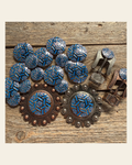 Antique Silver Blue Geometric Western Concho W236 on a warm cream background