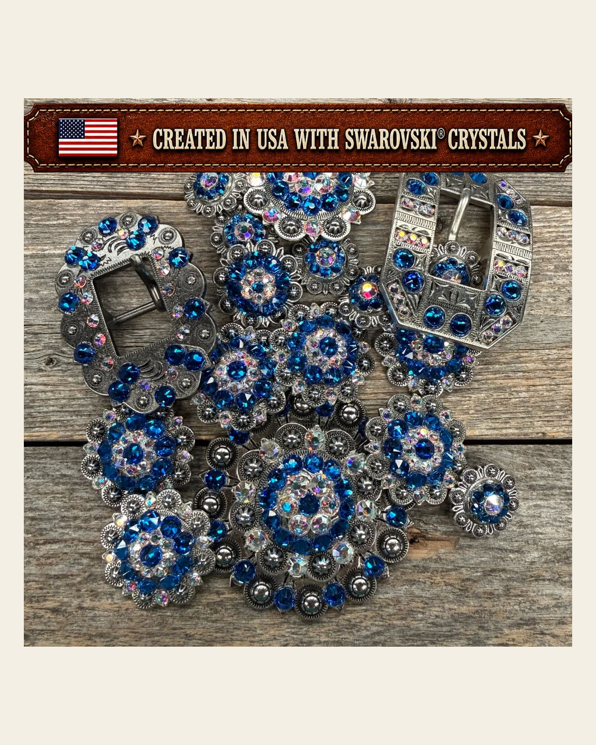 Antique Silver Capri - AB Crystal Conchos | Sizes 1"- 3" | Buckles | Saddle Set | Leather Rosettes | Slide on a warm cream background