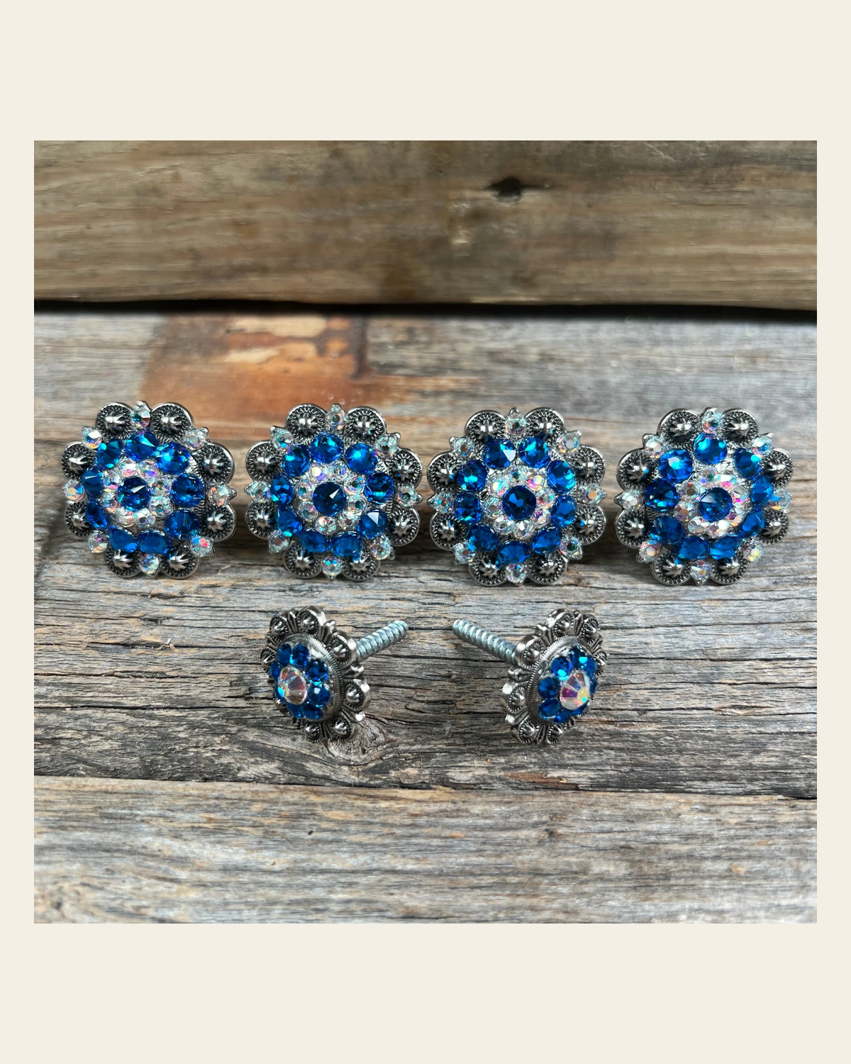 Antique Silver Capri & AB Saddle Conchos on a warm cream background