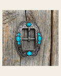 Antique Silver Cart Buckle with Turquoise Stones W198B on a warm cream background