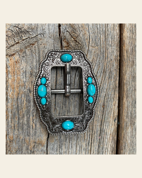 Antique Silver Cart Buckle with Turquoise Stones W198B on a warm cream background
