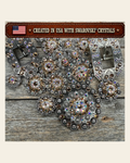 Antique Silver Champagne - AB Crystal Conchos | Sizes 1"- 3" | Buckles | Saddle Set | Leather Rosettes | Slide on a warm cream background