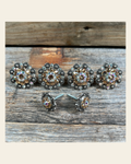 Antique Silver Champagne & AB Saddle Conchos on a warm cream background