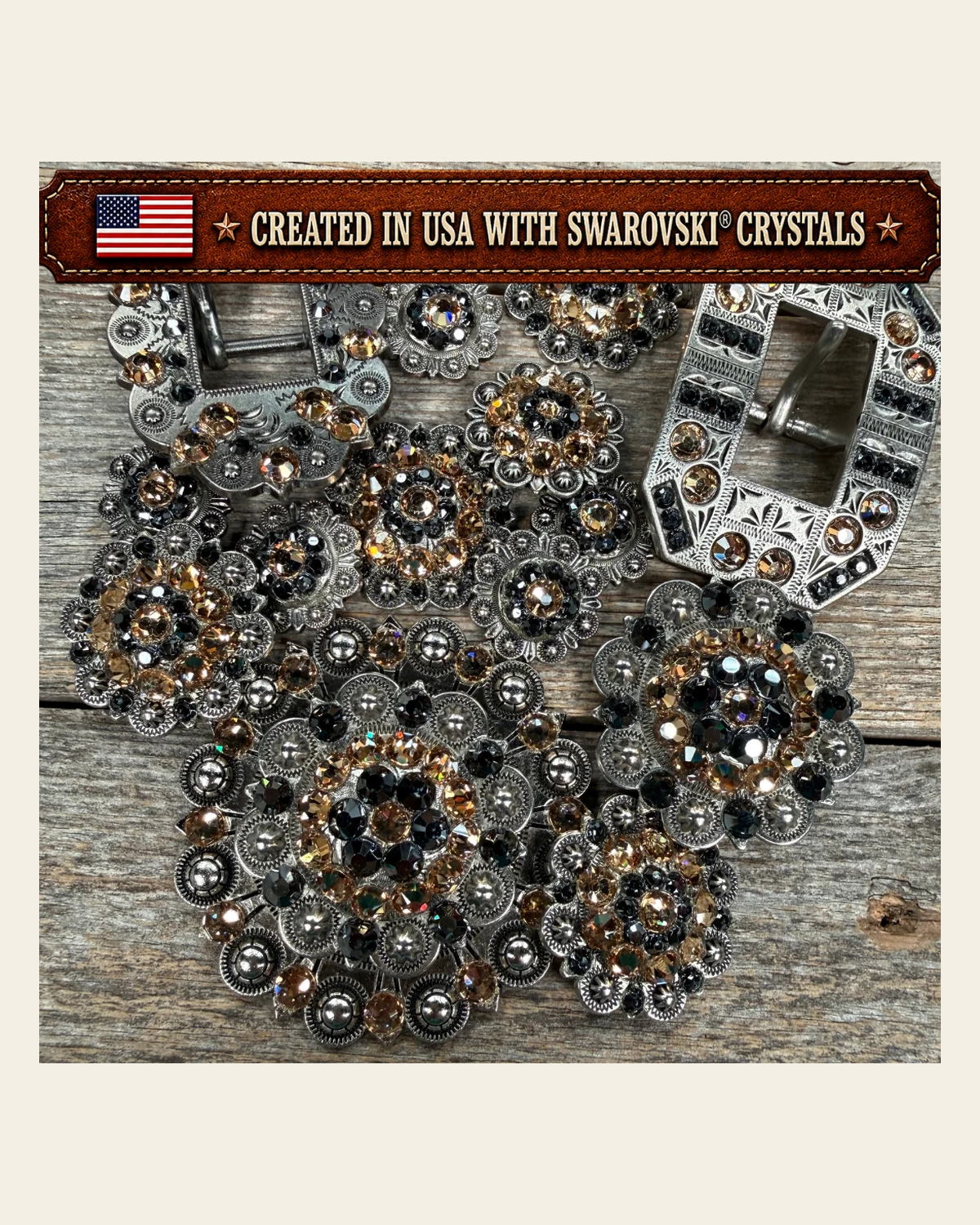 Antique Silver Champagne - Jet Crystal Conchos | Sizes 1"- 3" | Buckles | Saddle Set | Leather Rosettes | Slide on a warm cream background
