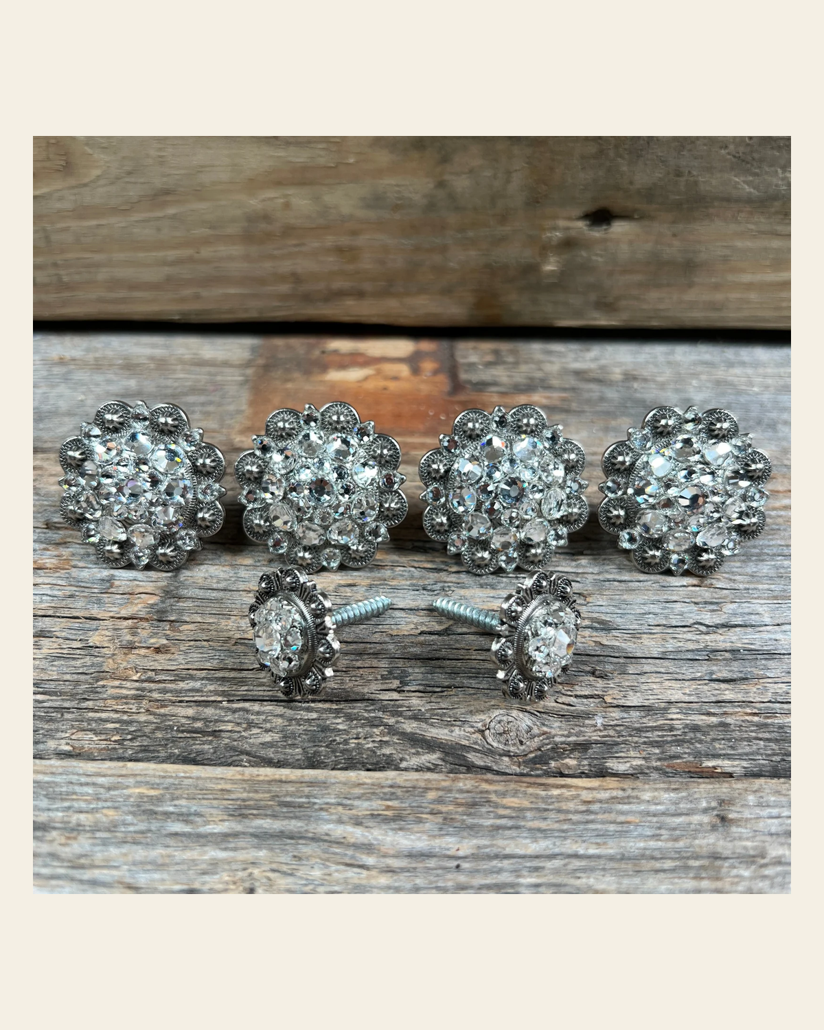 Antique Silver Clear Saddle Conchos on a warm cream background