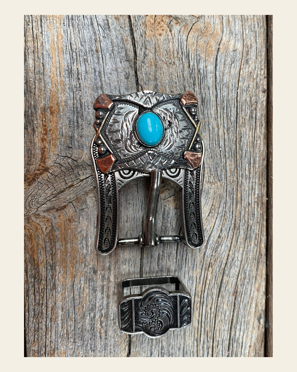 Antique Silver & Copper Turquoise Concho Buckle Adapter W115ASBA on a warm cream background