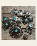 Antique Silver & Copper Turquoise Concho Concho W115 on a warm cream background
