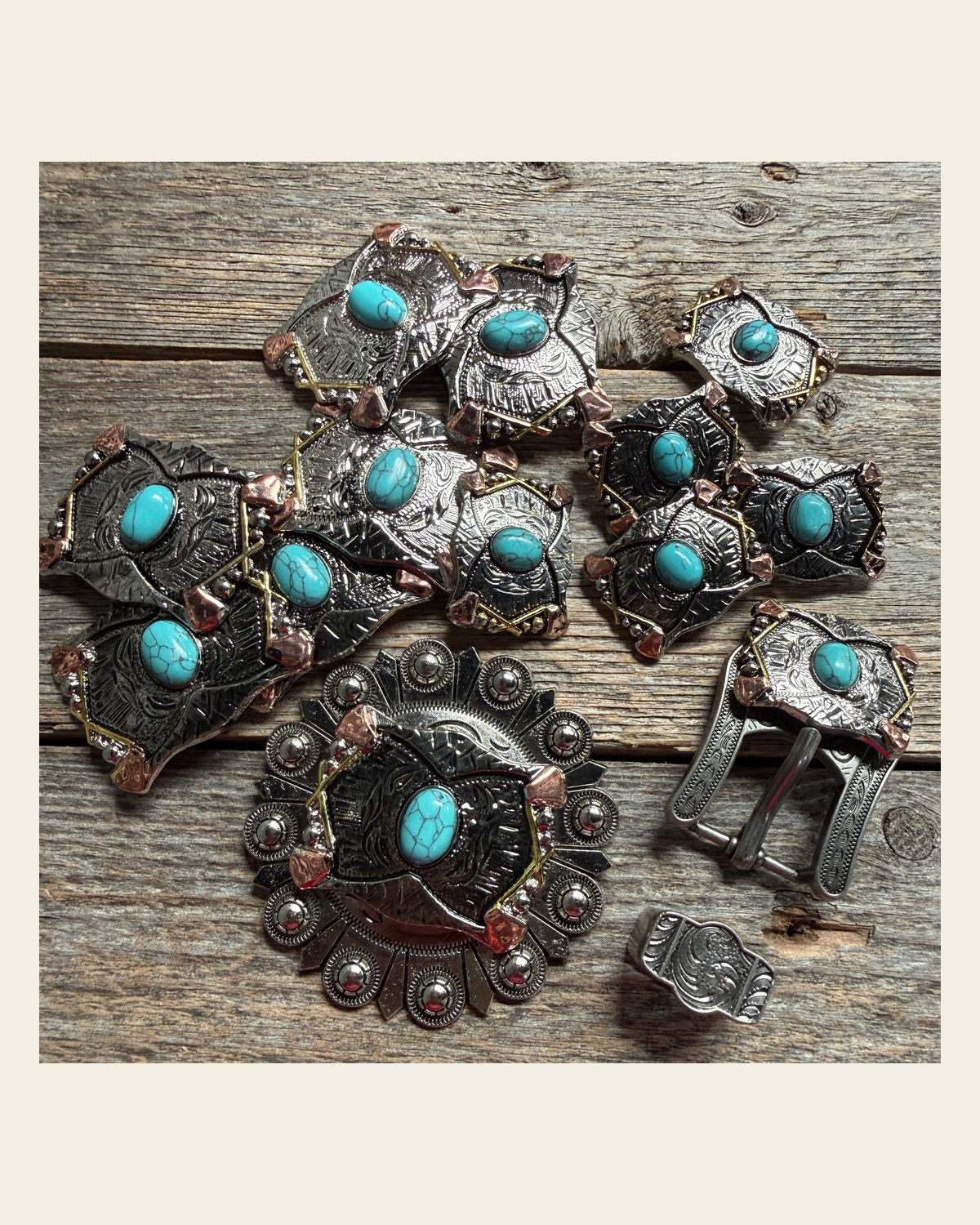Antique Silver & Copper Turquoise Concho Concho W115 on a warm cream background