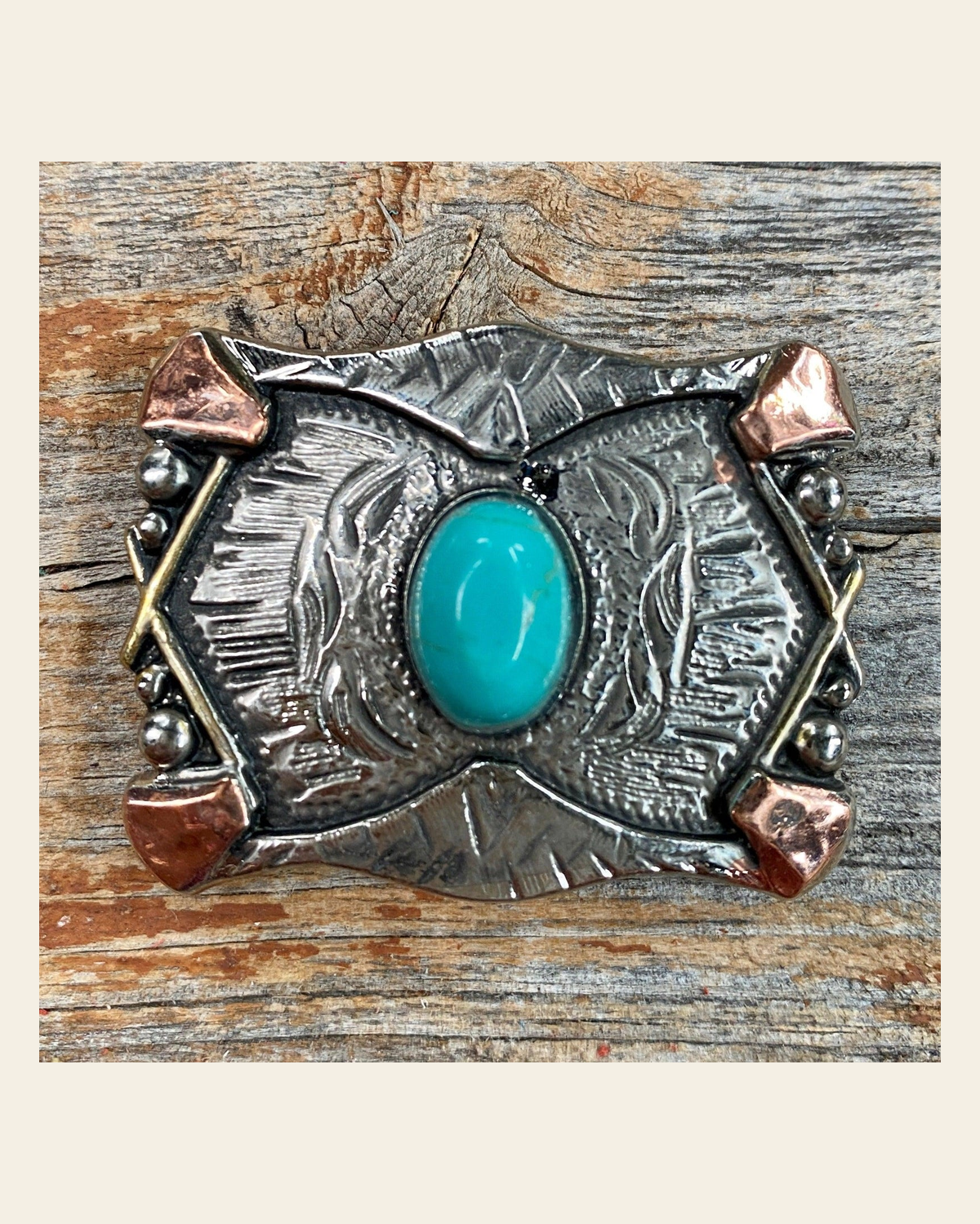 Antique Silver & Copper Turquoise Concho W115L 1.75" on a warm cream background