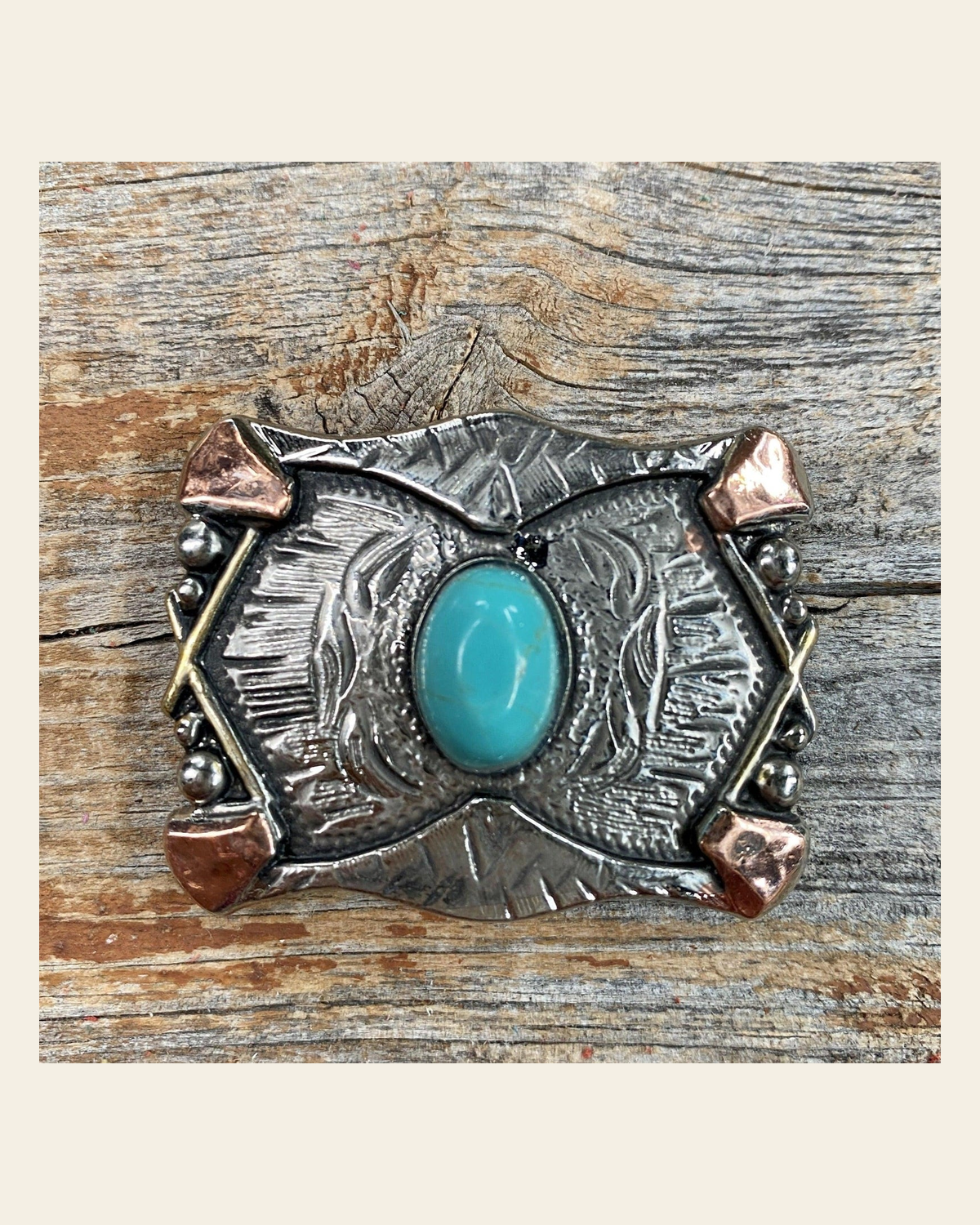 Antique Silver & Copper Turquoise Concho W115S 1.25" on a warm cream background