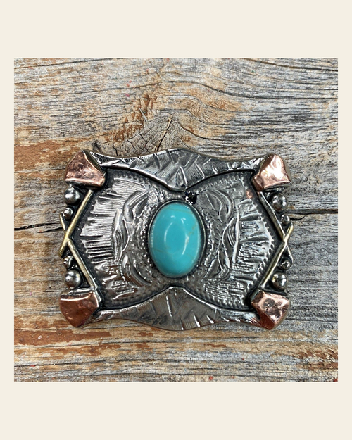 Antique Silver & Copper Turquoise Concho W115S 1.25" on a warm cream background