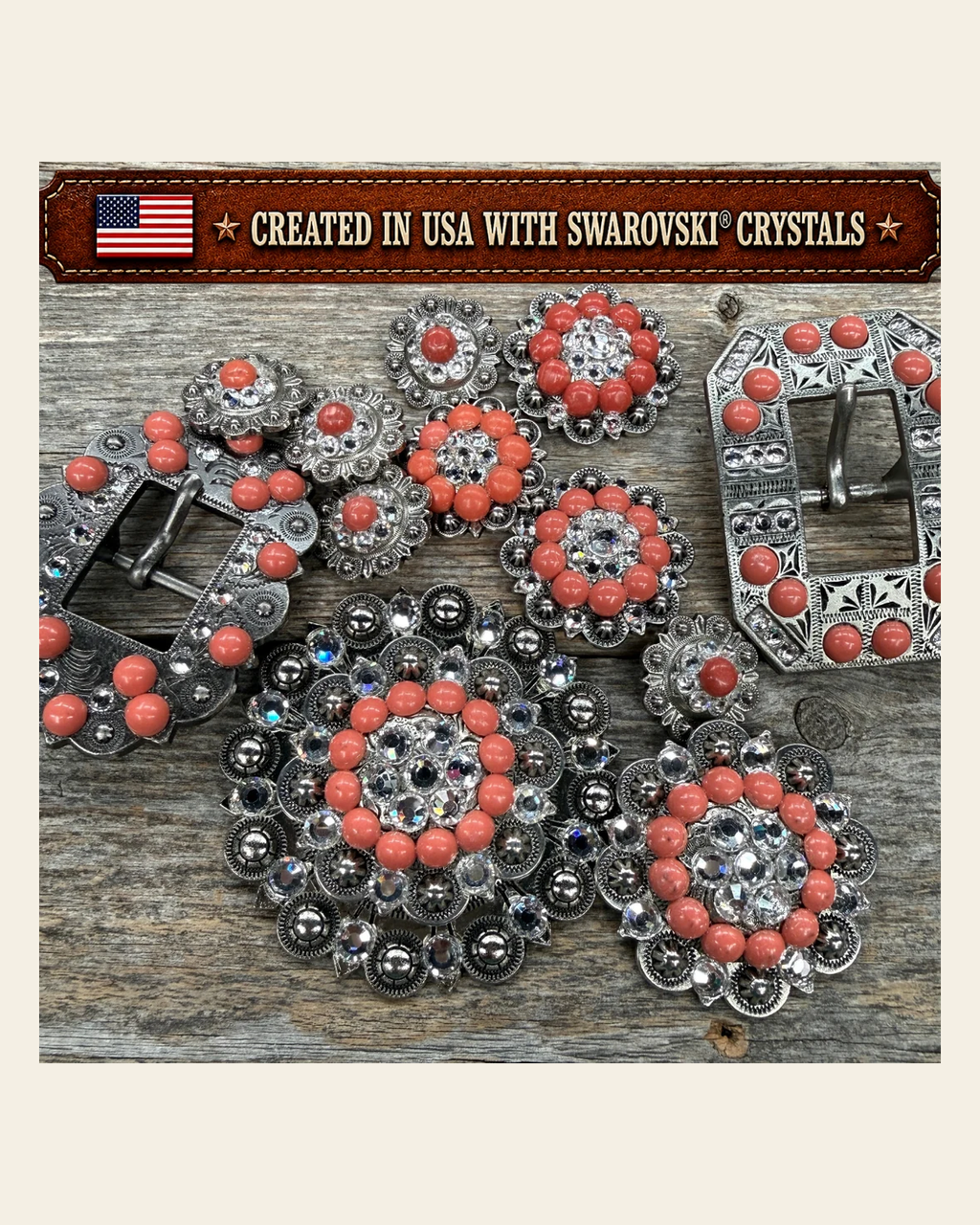 Antique Silver Coral - Clear Crystal Conchos | Sizes 1"- 3" | Buckles | Saddle Set | Leather Rosettes | Slide on a warm cream background