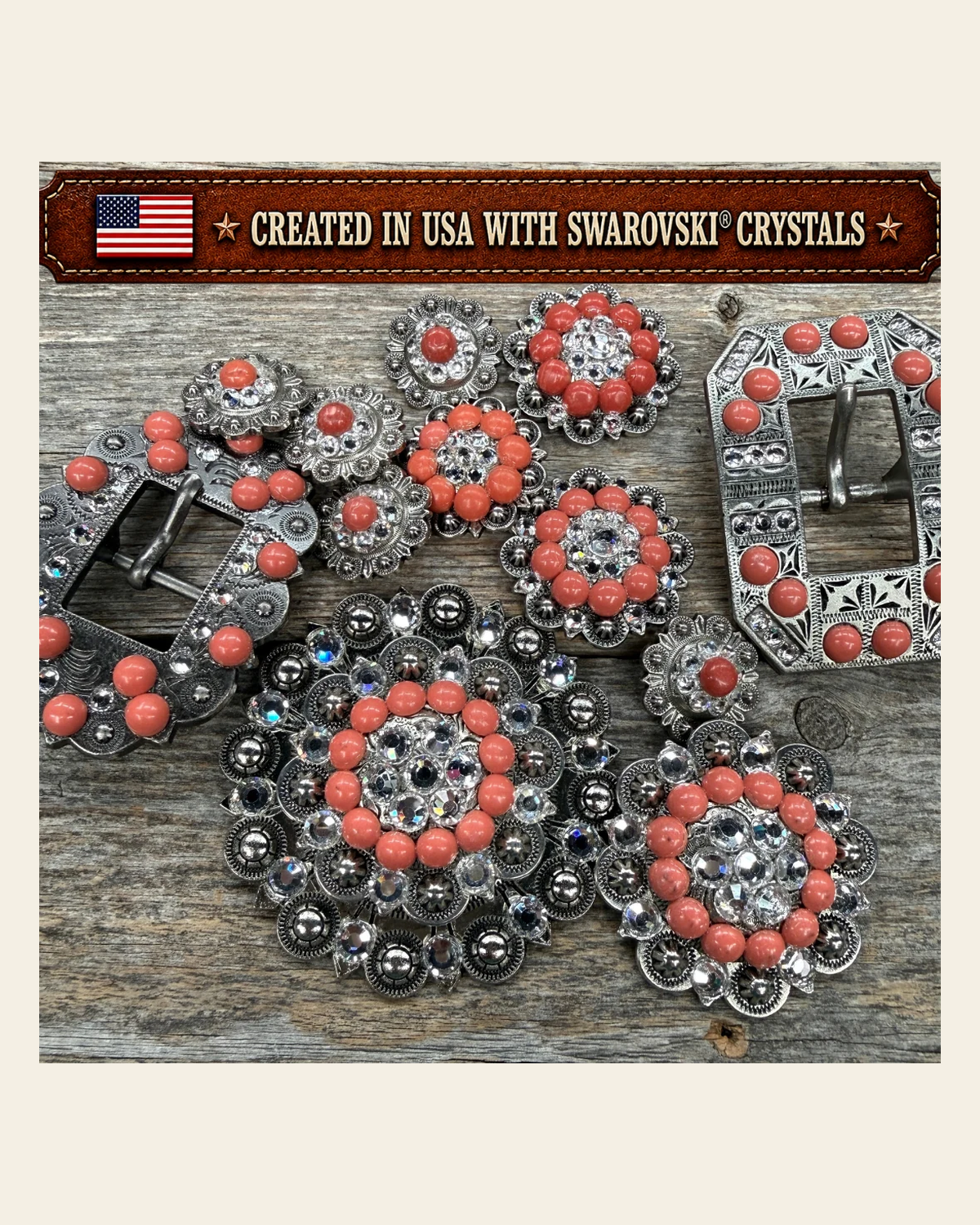 Antique Silver Coral - Clear Crystal Conchos | Sizes 1"- 3" | Buckles | Saddle Set | Leather Rosettes | Slide on a warm cream background
