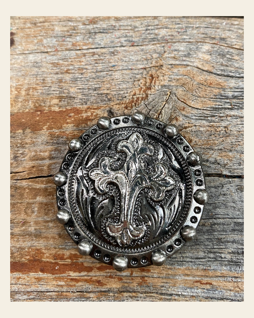 Antique Silver Cross Western Concho 1". W191S on a warm cream background