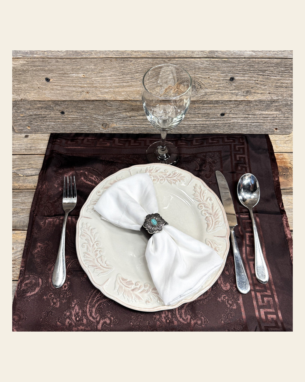 Antique Silver Filigree Floral Turquoise Western Concho Napkin Ring #CNR107 on a warm cream background