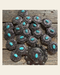 Antique Silver Filigree Floral Turquoise Western Concho W234 on a warm cream background