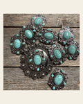Antique Silver Floral and Turquoise Concho W260 on a warm cream background