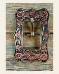 Antique Silver Floral Cart Buckle W151B on a warm cream background