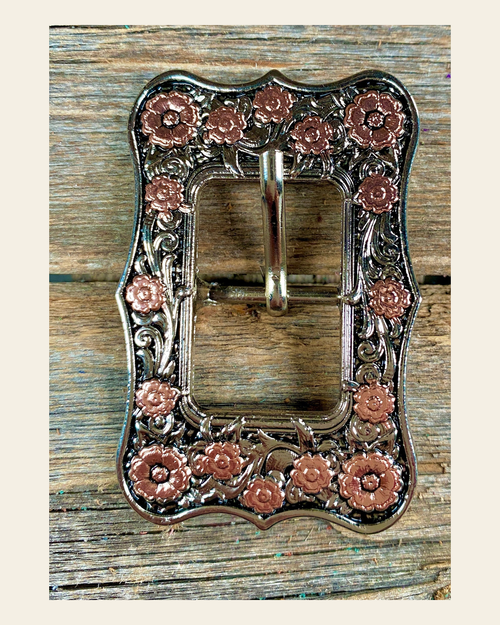 Antique Silver Floral Cart Buckle W151B on a warm cream background