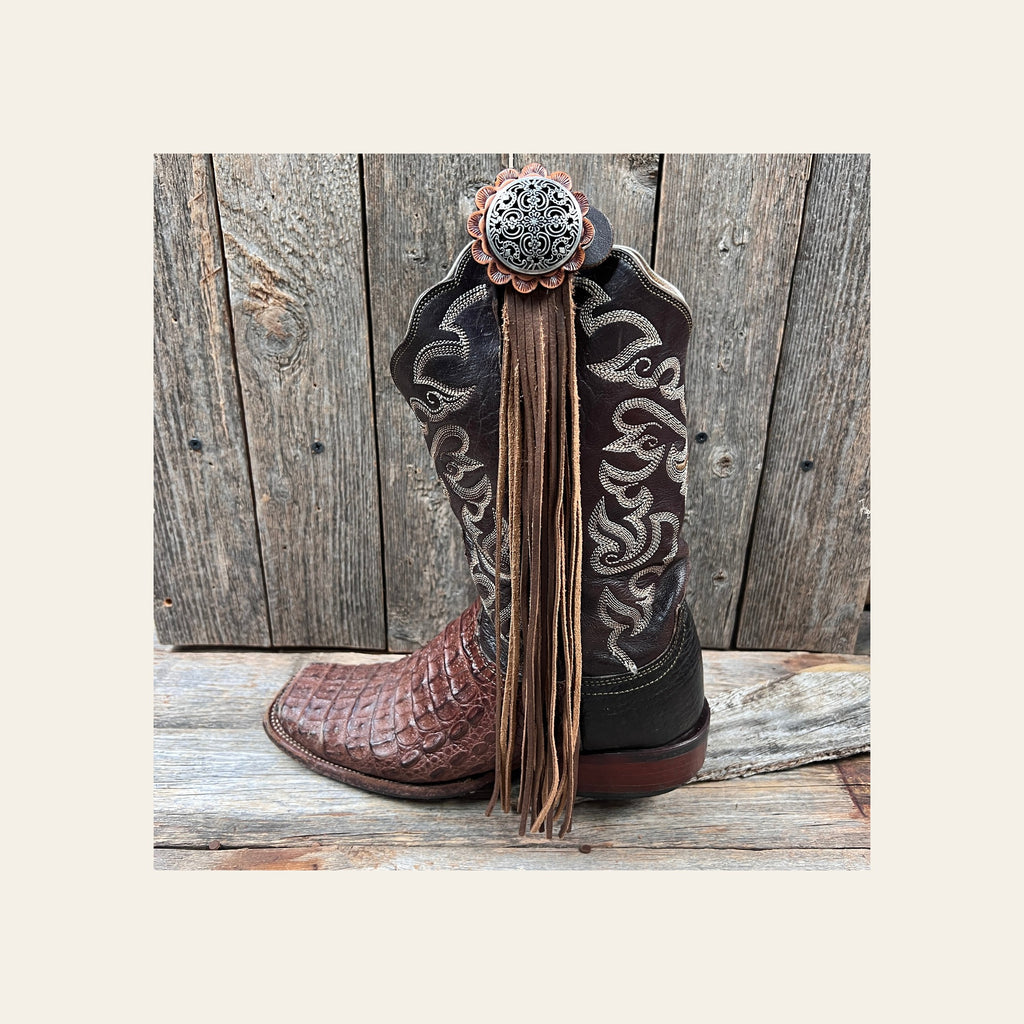 Boot Cuff Jewelry - Antique Silver Floral Engraved Concho - Fringe